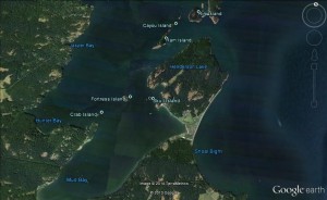 03 Lopez Pass, near the SE corner of Lopez Island, affords good access to Mud and Hunter Bays (image not for use in navigation)