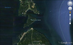 05 Obstruction Pass is north of Obstruction Island, and Peavine Pass is south of Obstruction Island (image not for use in navigation)